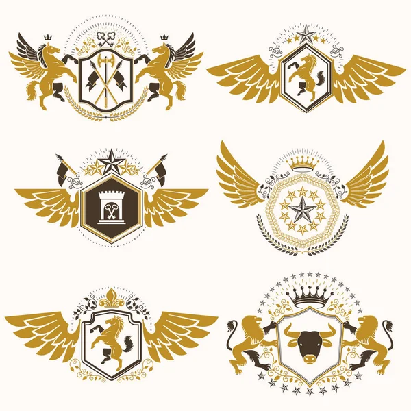 Vintage Emblemas Vectoriales Heráldicos Decorativos Compuestos Por Elementos Como Alas — Vector de stock