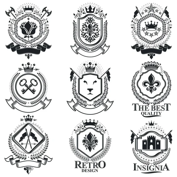 Plantillas Diseño Heráldica Vintage Emblemas Vectoriales Colección Símbolos Estilo Vintage — Vector de stock