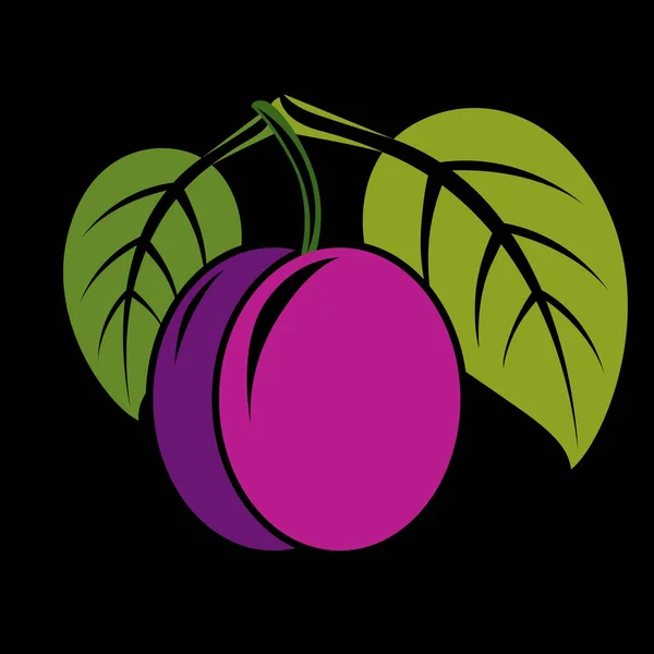 Фиолетовый Простой Векторный Сливы Зелеными Листьями Спелые Сладкие Фрукты Иллюстрации — стоковый вектор