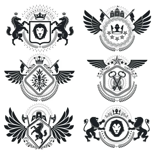 Heraldikai Címer Régi Vektoremblémák Klasszikus Kiváló Minőségű Szimbolikus Illusztrációk Gyűjtemény — Stock Vector