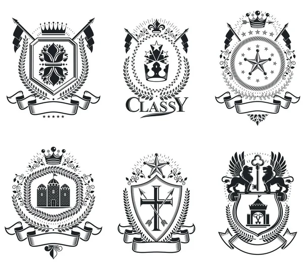 Hanedan arması dekoratif amblemler izole vektör çizimleri. Eski tasarım ögeleri koleksiyonu.