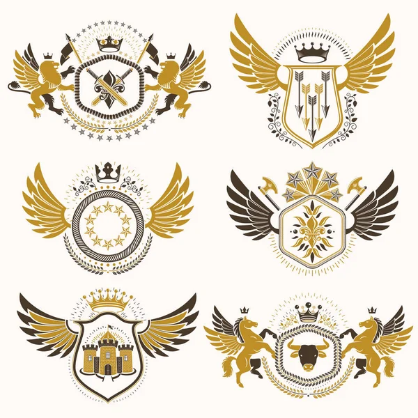 Vintage Decoratieve Heraldische Vector Emblemen Samengesteld Met Elementen Zoals Vleugels — Stockvector