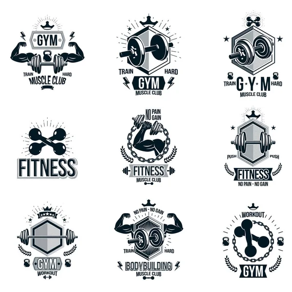 Set Emblemi Tema Bodybuilding Vettoriale Manifesti Pubblicitari Composti Manubri Bilancieri — Vettoriale Stock