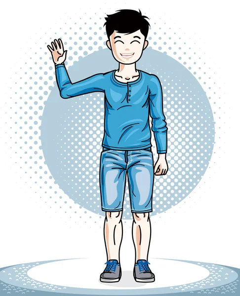 Mooi Kind Jongen Permanent Stijlvolle Casual Kleding Mooie Menselijke Illustratie — Stockvector