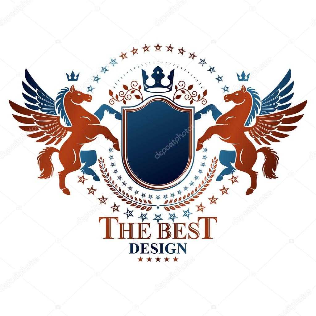 Graphic vintage emblem composed with winged Pegasus ancient animal element, royal crown and pentagonal stars. Heraldic vector design element. Retro style label, heraldry logo.