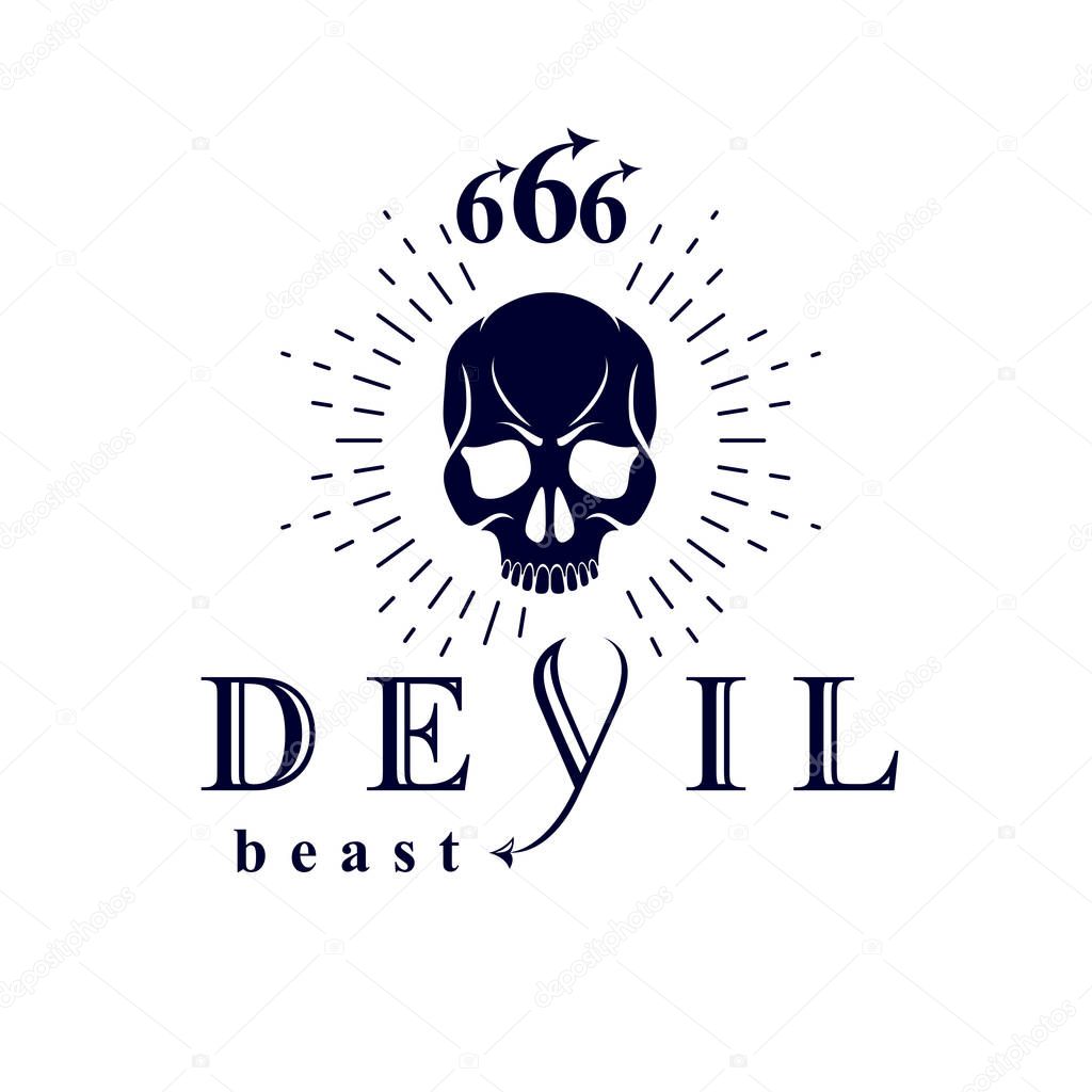 Vector black frightening dead head logo. Mystic infernal demon, evil Lucifer made with 666 numbers.