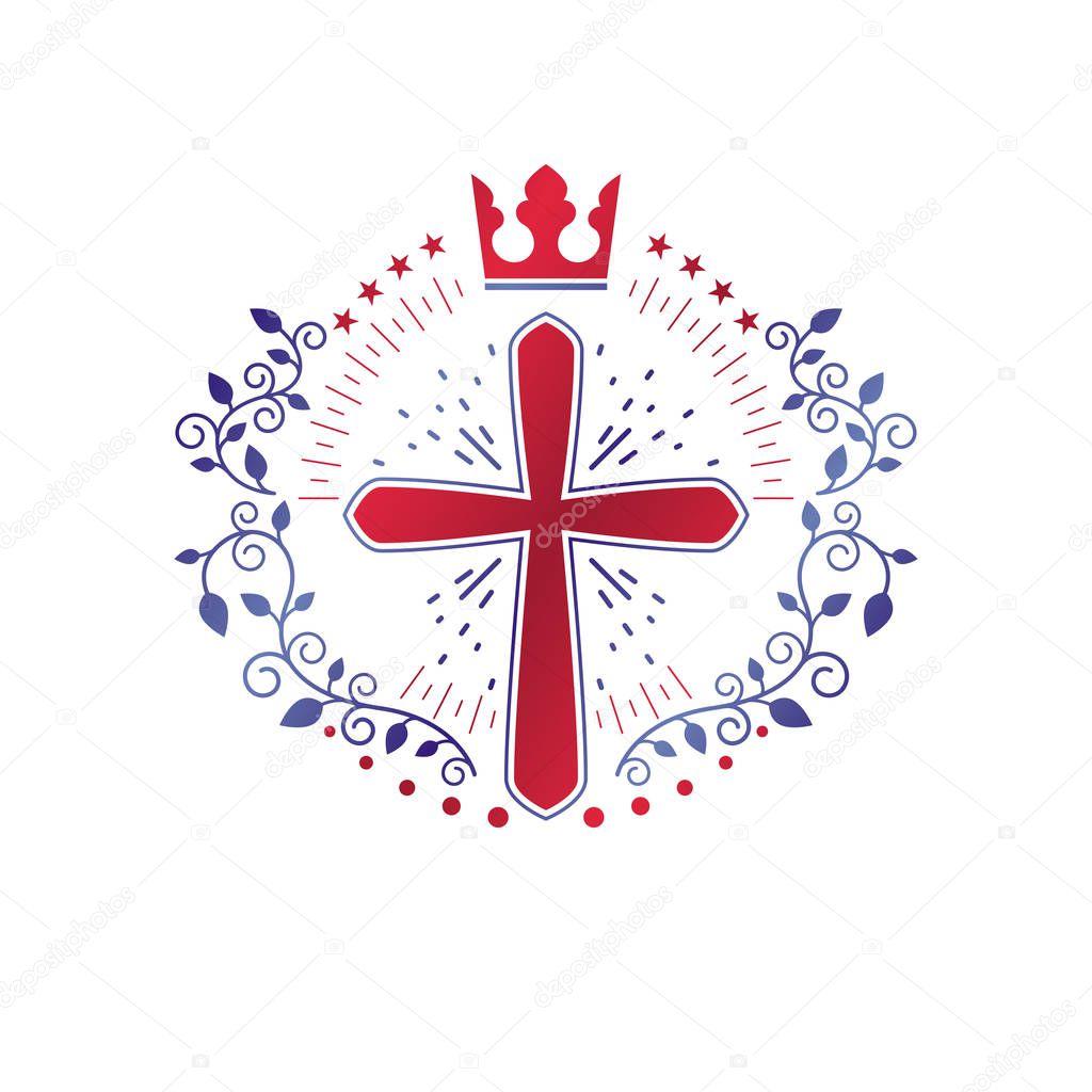 Cross Religious graphic emblem created using monarch crown and floral ornate, catholic crucifixion. Heraldic Coat of Arms, vintage vector logo isolated on white background.
