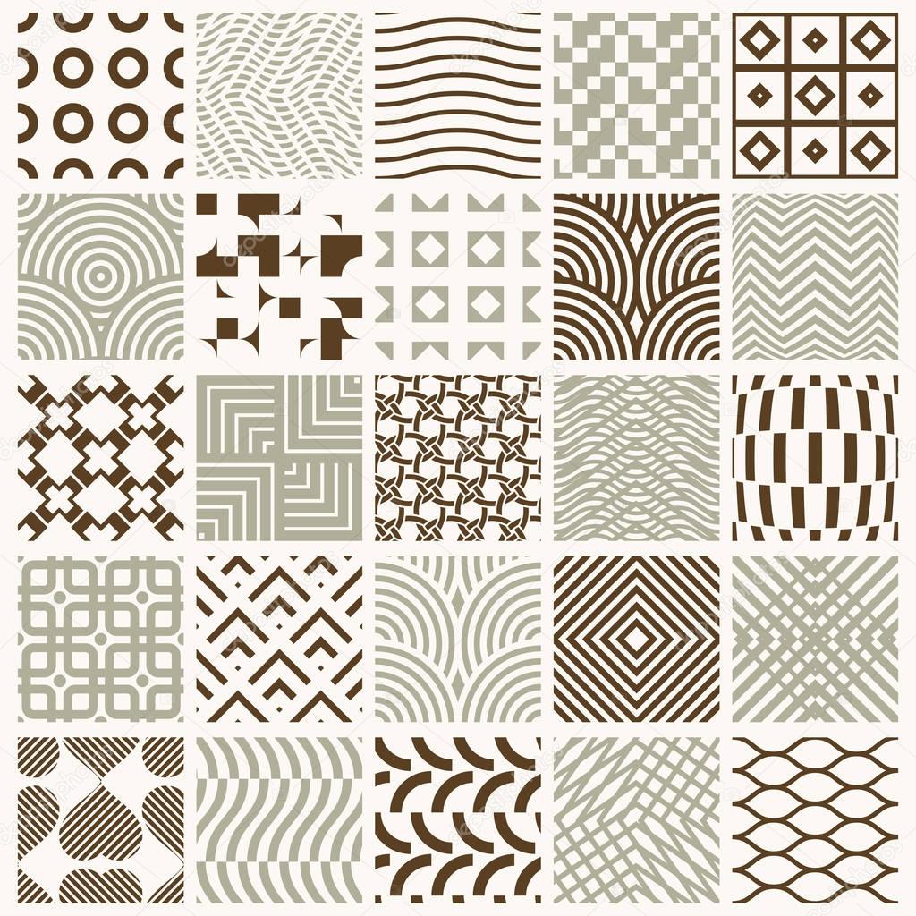 Collection of vector abstract seamless compositions best for use as wrapping papers, symmetric ornate backgrounds created with simple geometric shapes. 