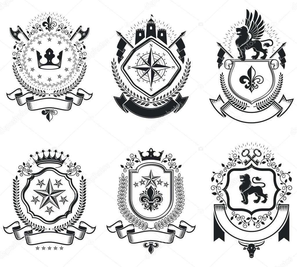 Vintage award designs, vintage heraldic Coat of Arms. Vector emblems. Vintage design elements collection.