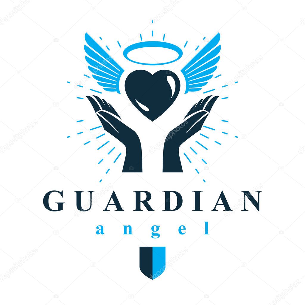 Loving heart in human hands, giving aid metaphor. Holy spirit graphic vector logo best for use in charity organizations.