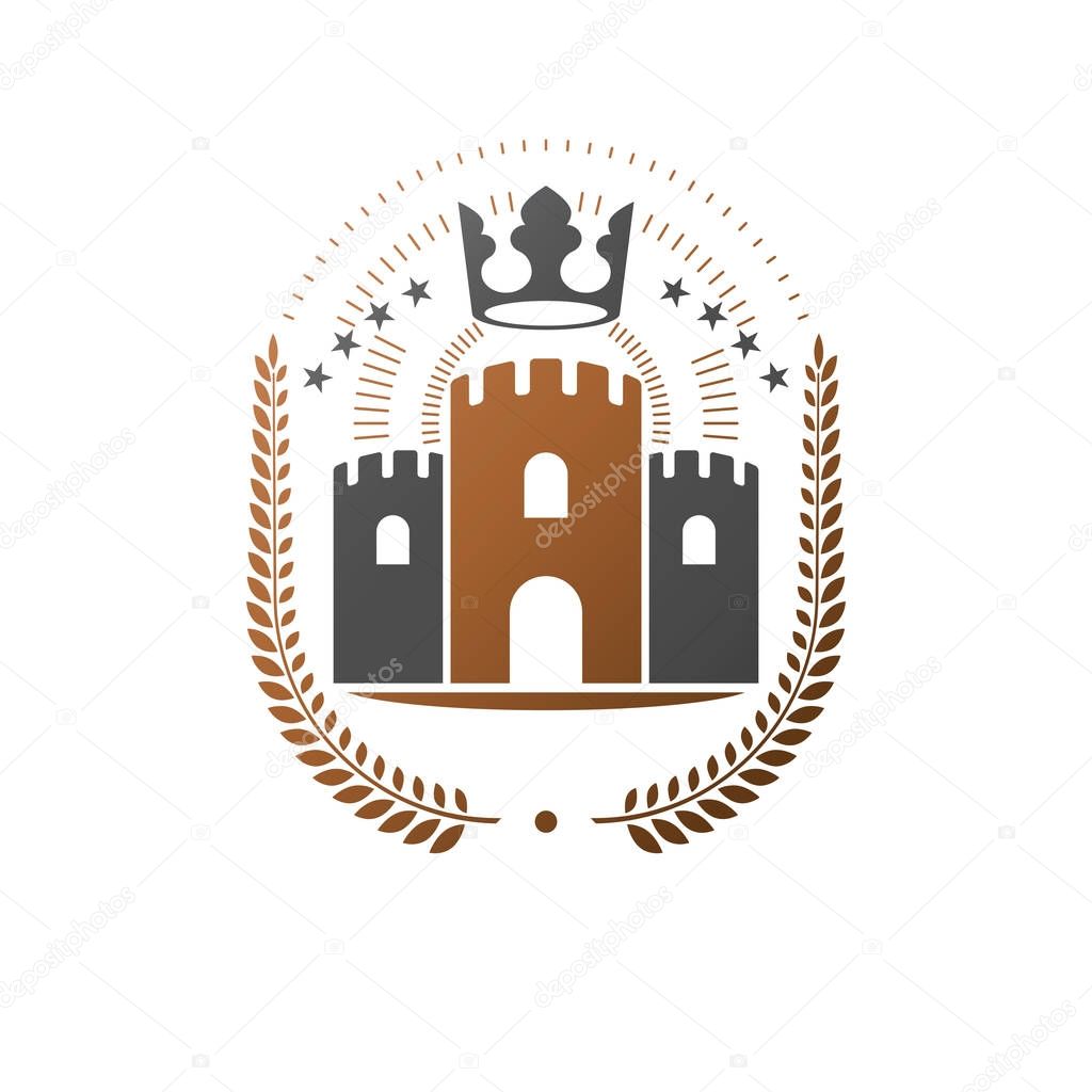 Ancient Castle emblem. Heraldic Coat of Arms decorative logo isolated vector illustration. Ornate logotype in old style on white background.