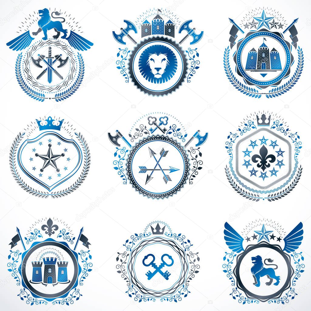 Collection of vector heraldic decorative coat of arms isolated on white and created using vintage design elements, monarch crowns, pentagonal stars, armory, wild animals.