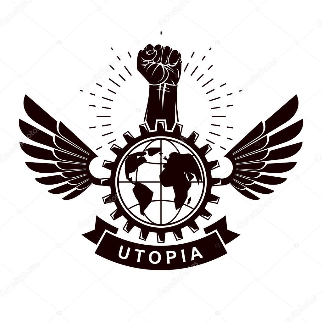 Winged vector emblem composed with raised fist holding Earth planet symbol surrounded with cog wheel circle. Proletarian social revolution abstract symbol.