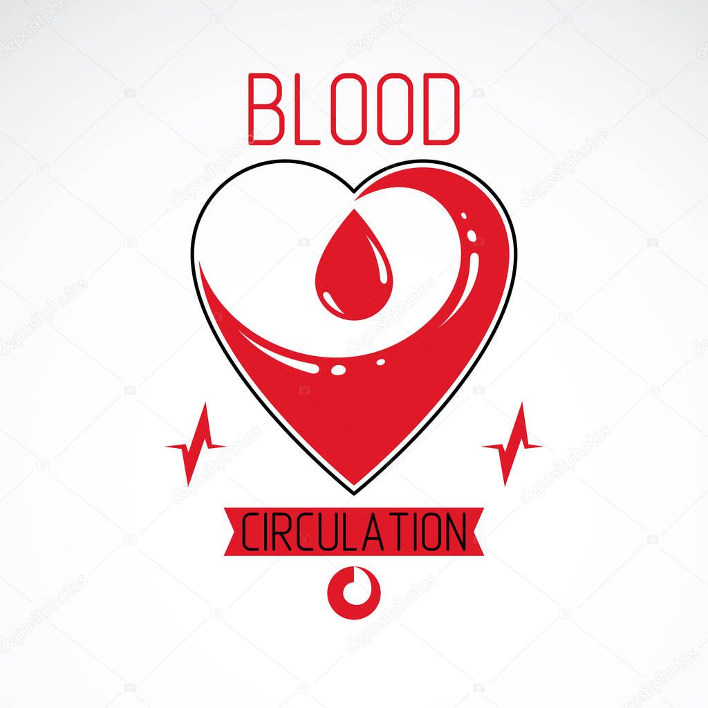 Vector illustration of heart shape and drops of blood. Blood circulation conceptual logo created with heart and an ecg chart. Cardio rehabilitation center vector logo.