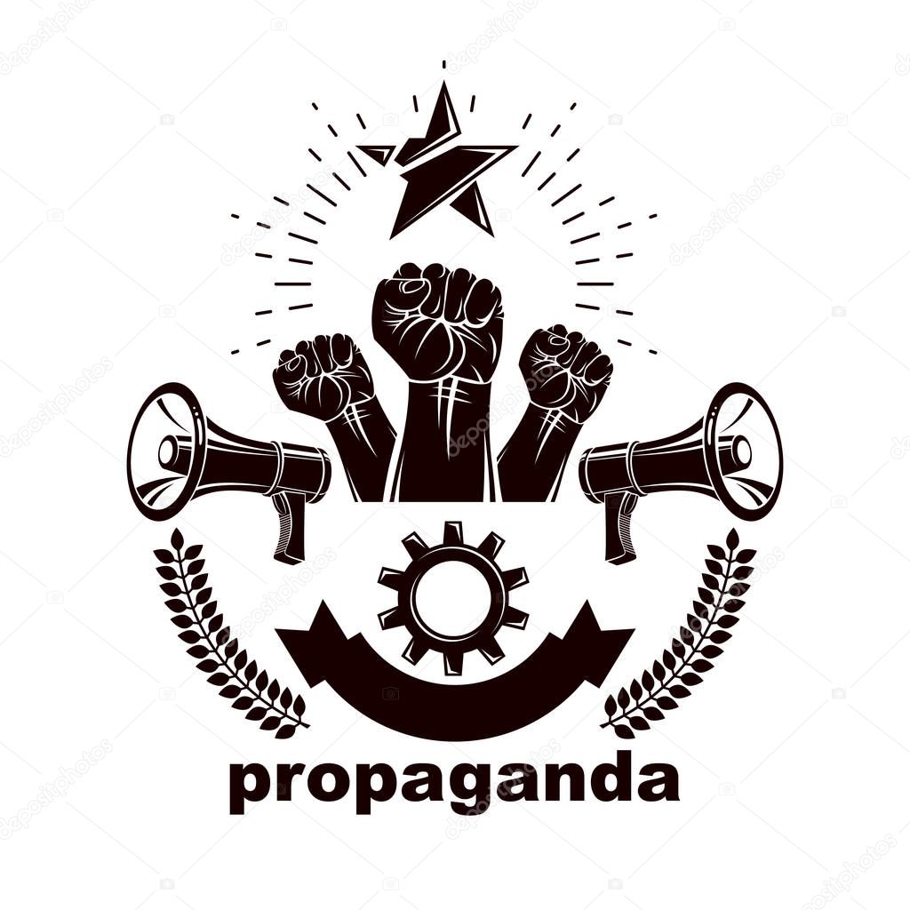 Vector leaflet created using clenched fists raised up, megaphones equipment and engineering cog wheel element. Dictatorship and manipulation theme, totalitarianism as the evil power. 