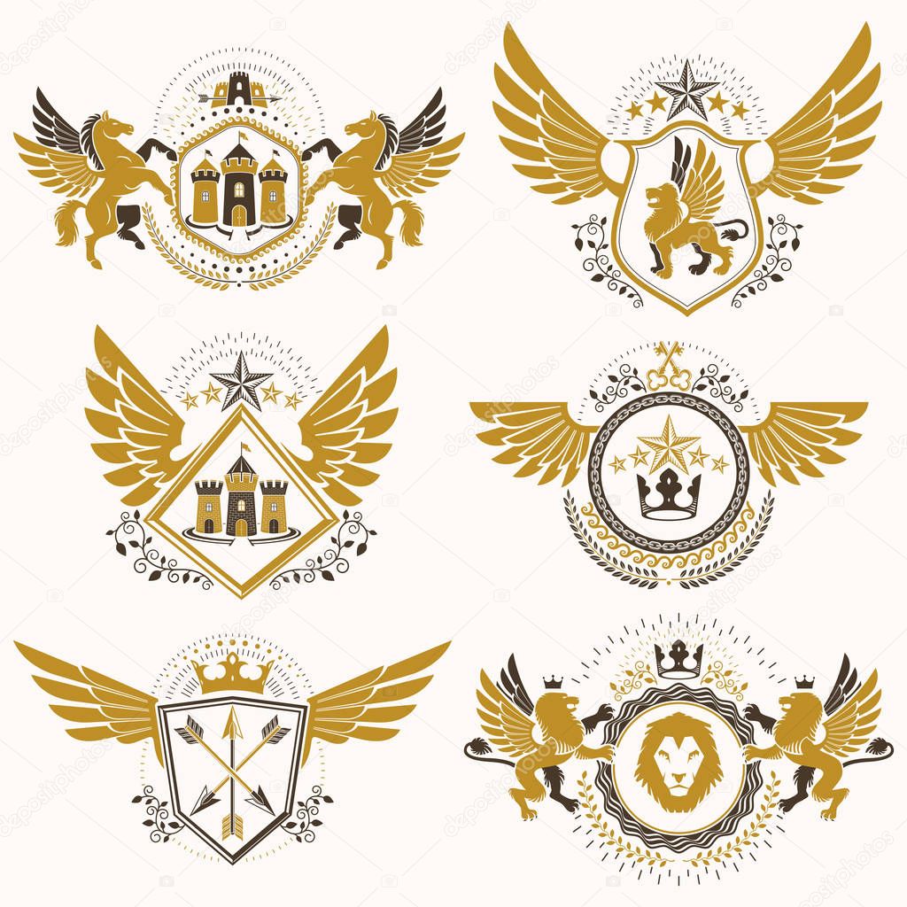 Vintage decorative heraldic vector emblems composed with elements like eagle wings, religious crosses, armory and medieval castles, animals. Collection of classy symbolic illustrations. 