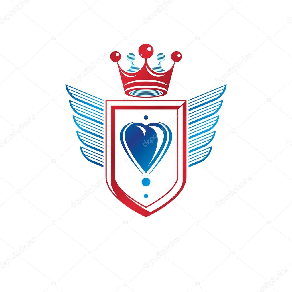 Heraldic coat of arms decorative emblem with wings and heart shape. Winged protection shield emblem created with imperial crown, isolated vector illustration.