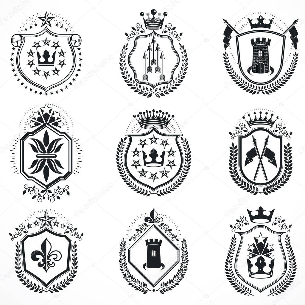 Heraldic designs, vector vintage emblems. Coat of Arms collection, vector set.