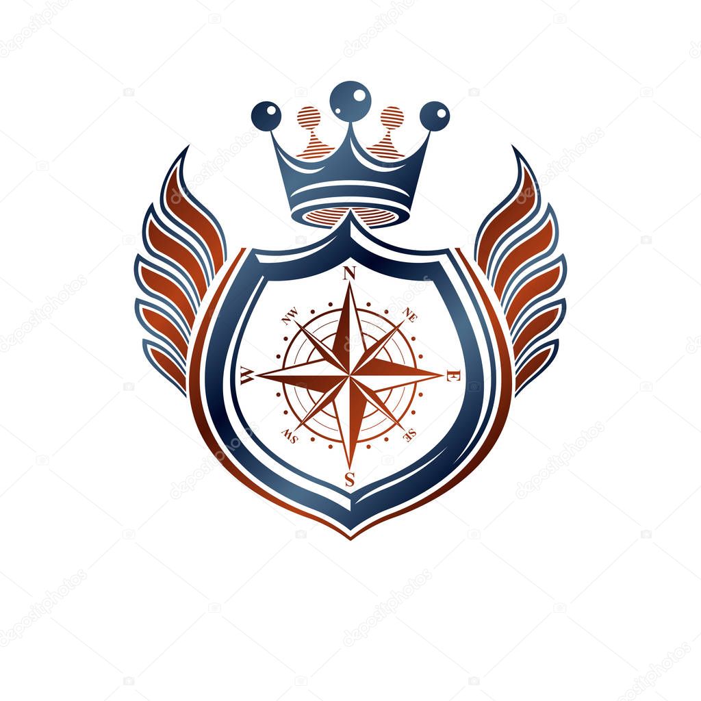 Heraldic coat of arms decorative emblem created with navigation compass and imperial crown. Winged protection shield, isolated vector illustration.