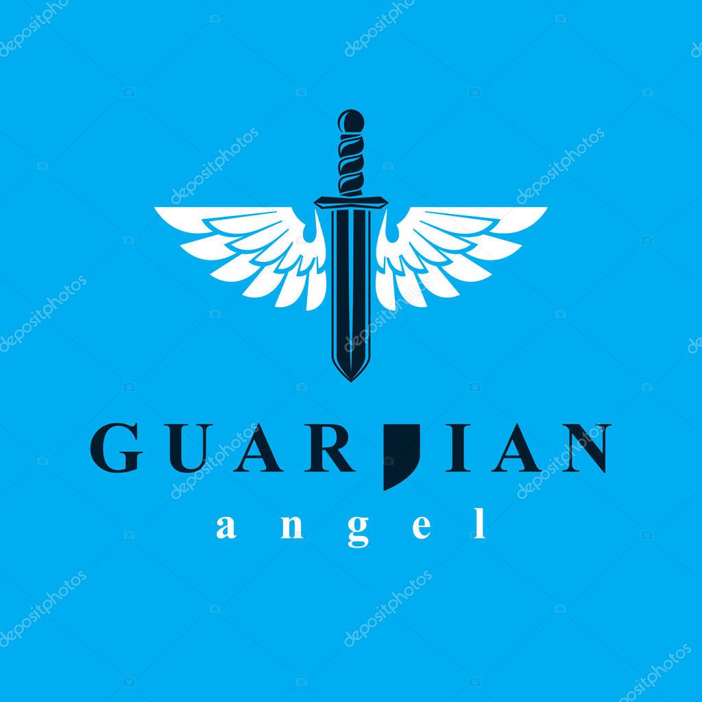 Vector graphic illustration of sword composed with bird wings, war and freedom metaphor symbol. Guardian angel vector abstract emblem.
