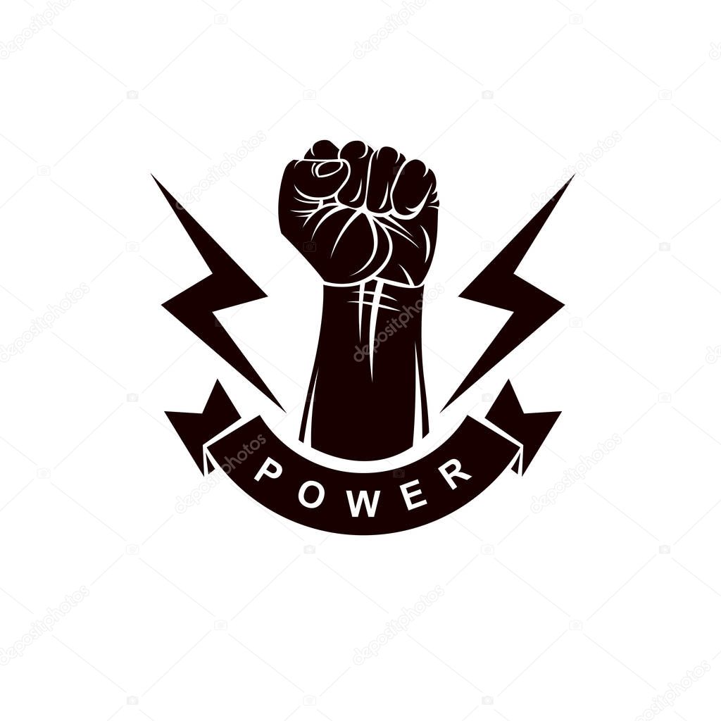 Clenched fist of angry man vector emblem. People demonstration, fighting for their rights and freedom.