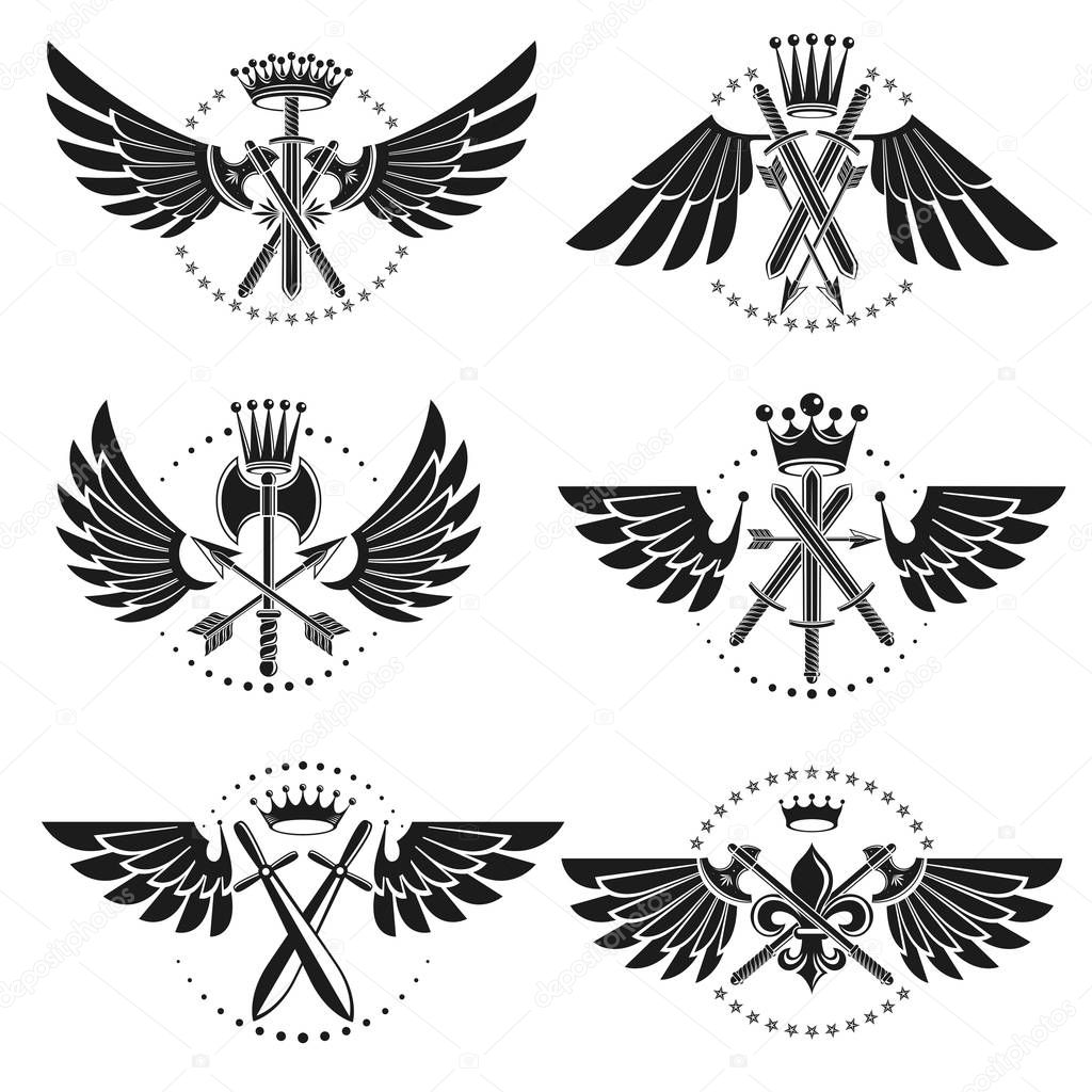 Vintage Weapon Emblems set. Heraldic Coat of Arms decorative emblems isolated vector illustrations collection.