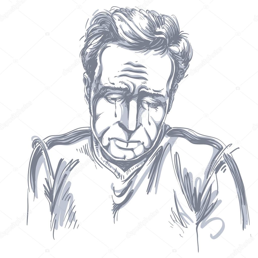 Vector drawing of crying depressed man feeling sorry about something. Black and white portrait of distressed guy. 