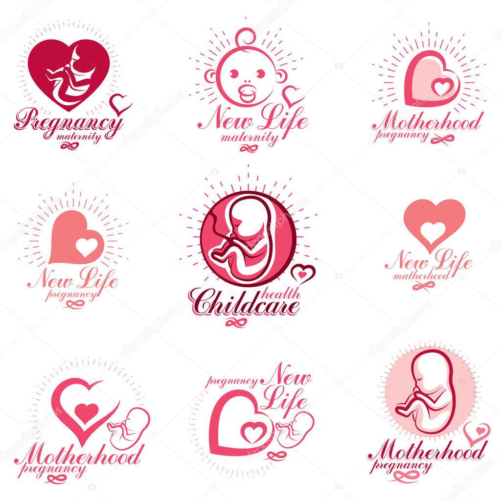 Human fetus hand-drawn vector emblems collection isolated on white. New life conceptual symbols. Pregnancy support and mother care abstract icons