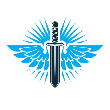 Kuş kanatları, savaş ve güvenlik metaforu ile yaratılmış kılıcın vektör çizimi. Seraph vektör amblemi.