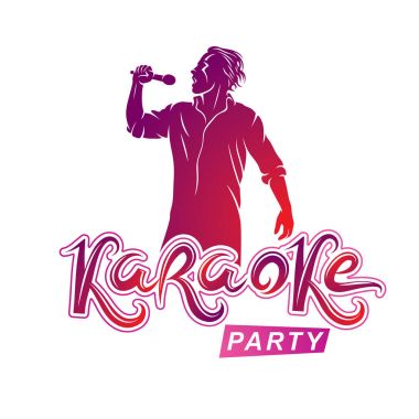 Mutlu adam mikrofon ile karaoke, ünlü süperstar konser daveti ilanı söylüyor. Karaoke partisi yazma.