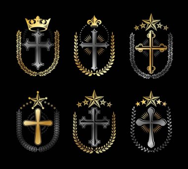 Haçlar Hıristiyanlık Amblemler ayarlayın. Hanedan vektör tasarım öğeleri koleksiyonu. Retro tarzı etiket, Hanedanlık armaları logosu.