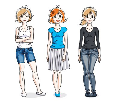 Mutlu genç yetişkin kız grubu ayakta moda rahat kıyafetler giyiyor. Vektör insanlar illüstrasyonlar set.