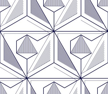 Geometrik 3d çizgileri soyut, dikişsiz desen, vektör arkaplan. Teknoloji stili mühendislik çizgisi sonsuz çizimler yapıyor. Tek renk, siyah ve beyaz..