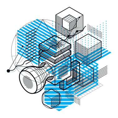 Çizgiler ve şekiller Özet vektör izometrik 3d arka plan. Küpleri, Altıgenler, kareler, dikdörtgenler ve farklı soyut öğeler düzenini.