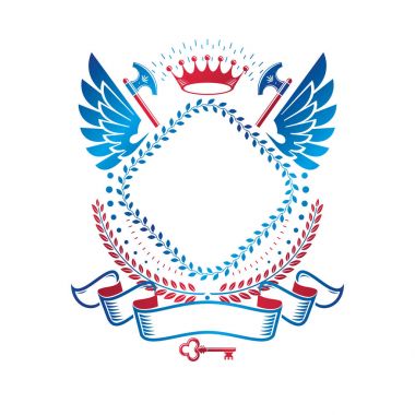 Grafik eski Crown ve çaydanlık ile oluşturulan amblemi kanatlı. Hanedan vektör tasarım öğesi kurdele ile süslenmiş. Retro tarzı etiket, Hanedanlık armaları logosu.