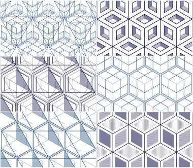 Geometrik küpler soyut dikişsiz kalıplar, 3 boyutlu vektör arkaplan koleksiyonu. Teknoloji stili mühendislik çizgisi sonsuz çizimler çiziyor. Kumaş, duvar kağıdı ve ambalaj için kullanılabilir. Tek renk, siyah ve beyaz..