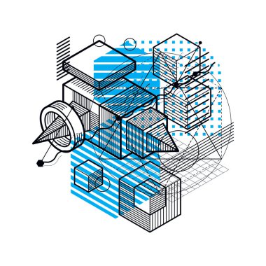 İzometrik çizgiler ve şekiller ile soyut vektör arka plan. Küpleri, Altıgenler, kareler, dikdörtgenler ve farklı soyut öğeler.