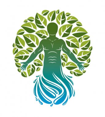 Su dalgası türeterek ve doğal yeşil yaprakları kullanılarak yapılan insan vektör Illustration. Yolculuk tutkusu ve kırsal tatil fikir, doğal yaşam tarzı.