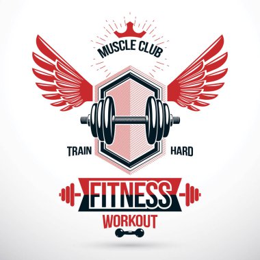 Vektör grafik sembolü aptal disk ağırlık-bell ve Kraliyet tacı ile oluşturulan kanatlı. Spor takım kavramsal amblemi