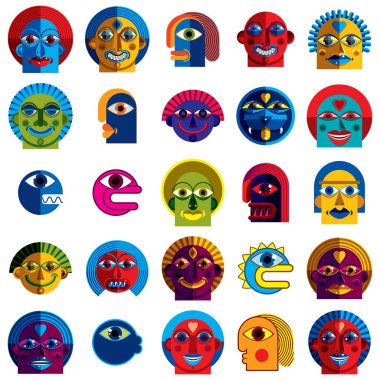 Vektör tuhaf yaratıklar, modern sanat yaratıcı varlıklar ve renkli çizimler kümesi. Kullanıcı avatar simge olarak veya grafik tasarım fantastik garip karakterler kullanılabilir.