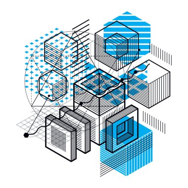 İzometrik çizgiler ve şekiller ile soyut vektör arka plan. Küpleri, Altıgenler, kareler, dikdörtgenler ve farklı soyut öğeler.