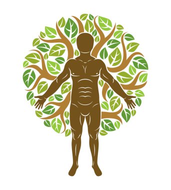 Organik yeşil ağaç yaprakları kullanılarak oluşturulan vektör atletik adam. Downshifting ve ekoturizm konsept illüstrasyon.