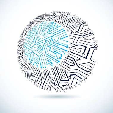 Teknoloji cihazının elektronik bileşenlerine sahip yuvarlak devre kartı. Bilgisayar ana kartı sibernetik soyutlaması.