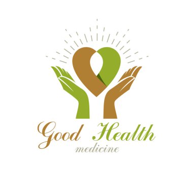 Vektör kalp şekli yeşil yaprakları ve bakım el ile oluşur. Hayır kuruluşları kullanmak için tıbbi rehabilitasyon soyut logosu.