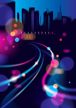 Soyut kentsel gece lambası bokeh arka plan defocused. Etkisi vektör güzel arka plan. Cityscape, binalar siluetleri manzarası ile renkli koyu arka plan bulanıklık.