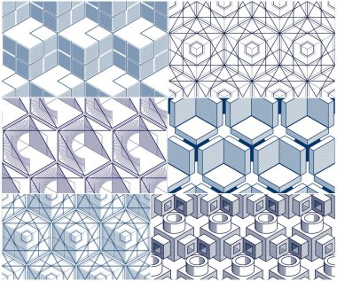 Geometrik 3d hatları sorunsuz desenleri kümesi, vektör arka plan küpleri toplama soyut. Çizim için sonsuz şekilde mühendislik teknolojisi tarzı. Kaydırma kumaş, duvar kağıdı, için kullanılabilir. Tek renk, siyah ve beyaz.