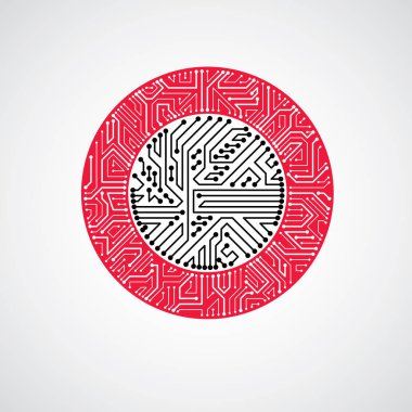 Vektör soyut bilgisayar devre kartı çizim, tek renkli teknoloji öğe bağlantıları ile yuvarlak. Elektronik Tema web tasarım.