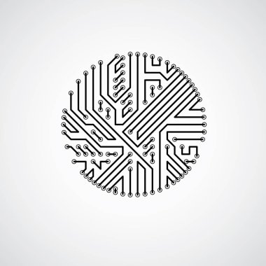 Vektör soyut teknoloji çizim ile yuvarlak tek renkli devre kartı. Elektronik cihaz yüksek teknoloji dairesel dijital düzeni.
