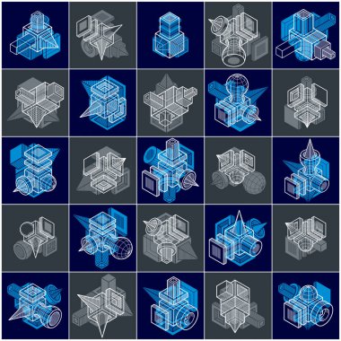 3D mühendislik vektörel çizimler, soyut şekiller koleksiyonu.