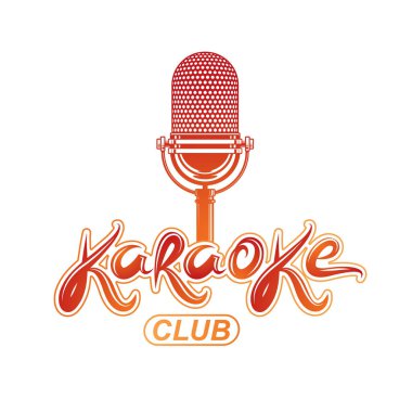 Yazı, gece kulübü Parti Davetiyesi vektör amblemi sahne mikrofon ses cihazı kullanılarak oluşturulan Karaoke kulübü.  